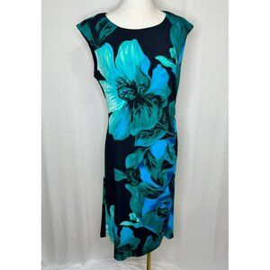 Coldwater Creek Floral Sleeveless Dress M Medium Blue Green Stretchy Side Ruched